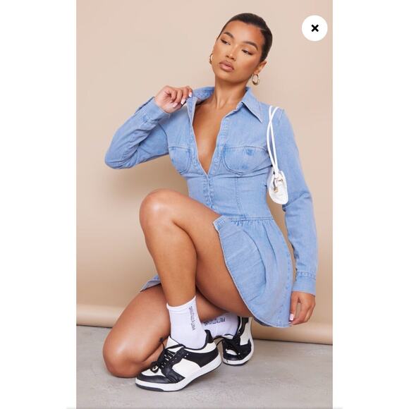 PLT Denim Corset Bustier Mini Dress Size 2 Vintage Wash Long Sleeve Peplum - Picture 14 of 14